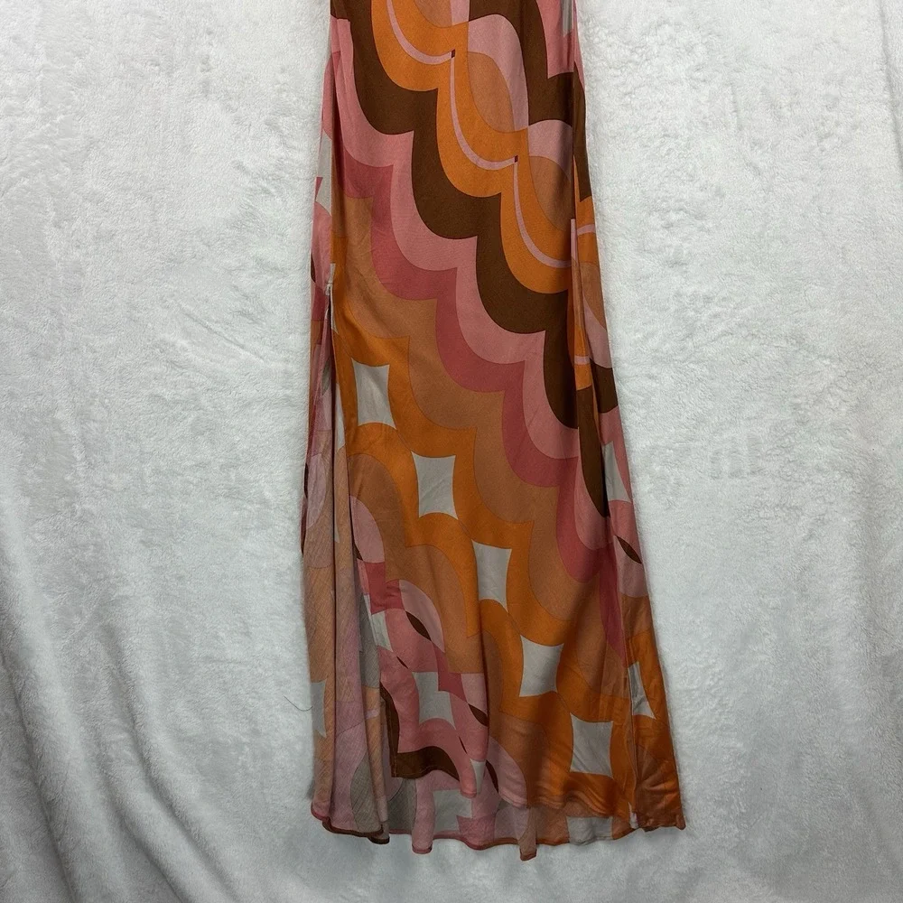 Two Cumberland Geometric Brown Orange Multi Midi Dress Women Medium Adjustable